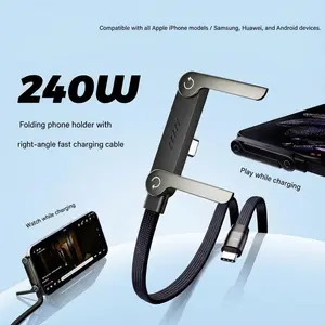 240W Super Fast Charging 1.5m Invisible Holder Charger Cable 2-in-1 Cord with Phone Stand Black Lightning Data Cable for iPhone Samsung Type-C Gaming Office Car Travel Valentine's Day Gift