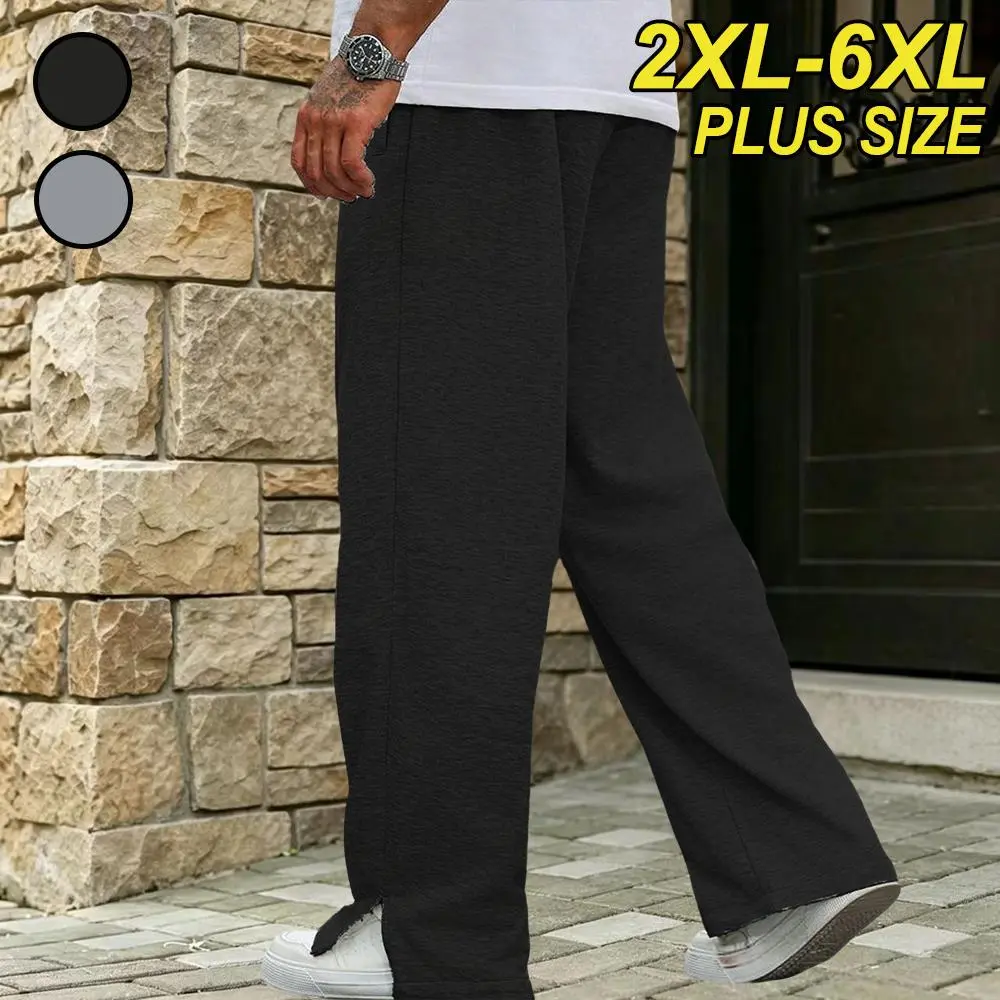 2XL–6XL Plus Size Men’s Drapey Knit Sweatpants — Extra Wide Straight-Leg Pants with Slits, Floor-Length Athletic Joggers, Drawstring Elastic Waist, 3D Topstitching for a Flattering Leg Shape; suitable for daily commuting, workouts, and streetwear—versatil