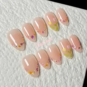 Flower Breeze Handmade Press-On Nails | Short Almond Shape, 10pcs Handmade | Fresh Forest Style | Nude Base & Dried Petals & Hand-Painted Green Leaf Accents | High Gloss Finish | Reusable DIY Nail Kit for Spring | Trendy Gentle Look