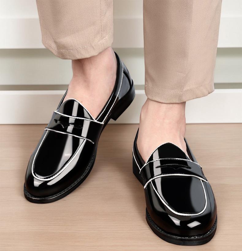 Men's Contrast Stitch Penny Loafers, Glossy Slip-On Formal Dress Shoes8662 Men's Contrast Stitch Penny Loafers, Glossy Slip-On Formal Dress Shoes8662