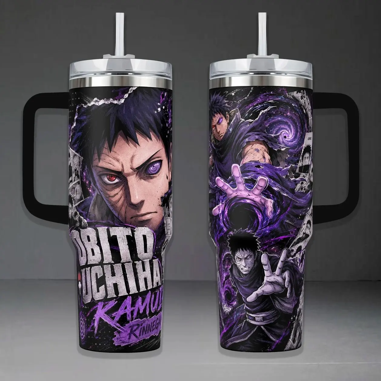 Obito Uchiha Kamui Tumbler, NRT Anime 40oz Cup with Handle & 20oz Travel Mug. Anime Fan Gift, Uchiha Obito Inspired Insulated Tumbler Featuring Rinnegan & Sharingan Power Graphic Design.