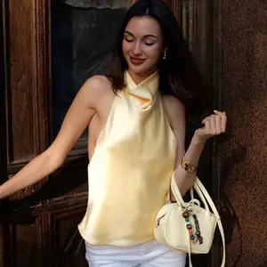 2025 Summer Halter Neck Satin Blouse – Elegant Sleeveless Top for Women