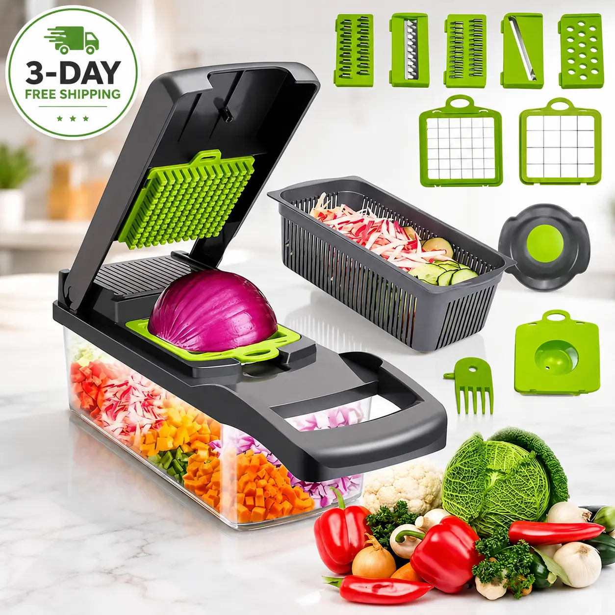 Vegetable Chopper with Container, Multifunction Onion and Vegetable Cutter, Kitchen Chopper and Dicer for Fruits, Vegetables and Meal Prep