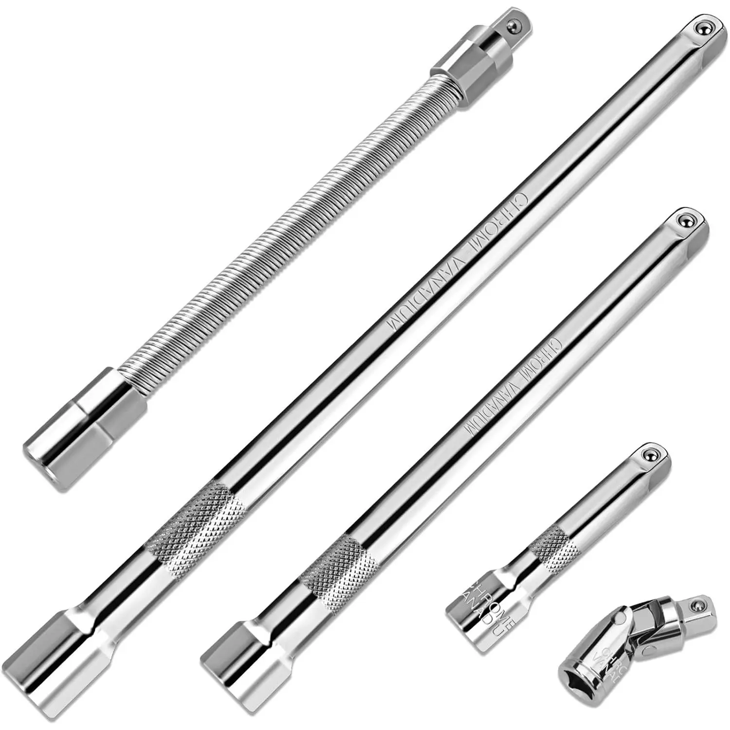 5- 3/8 Inch Drive Extension Bar Set, Includes 3, 6, and 10 Inch Extensions, 3/8 Inch Drive Universal Joint Socket and Flexible Socket Extension Bar
