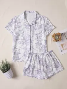 Women's Retro Tree Print Pajama Set Pjs, Casual Loose Short Sleeve Top and Stretchy Shorts, Comfortable Loungewear for All Seasons