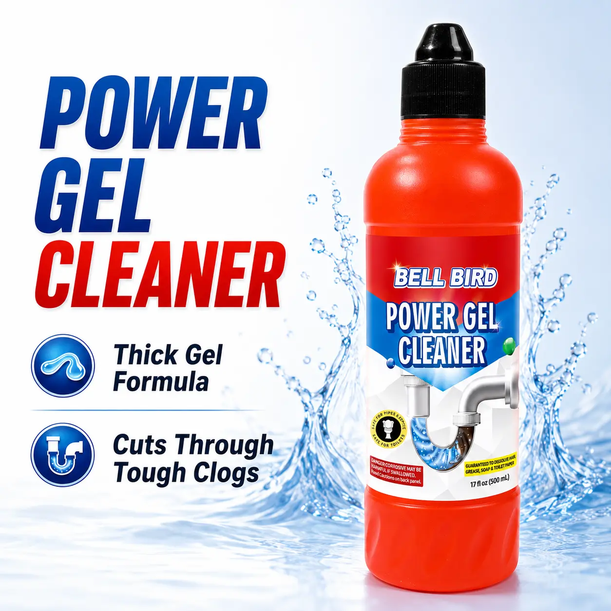 Bell Bird Drain Clog Remover & Pipe Cleaner - Thick Power Gel Dissolves Hair, Grease, and Soap Scum - Septic Safe Odor Eliminator for Kitchen Sinks, Tubs, Showers & Toilets (Pack of 1) Pipe Cleaning Agent