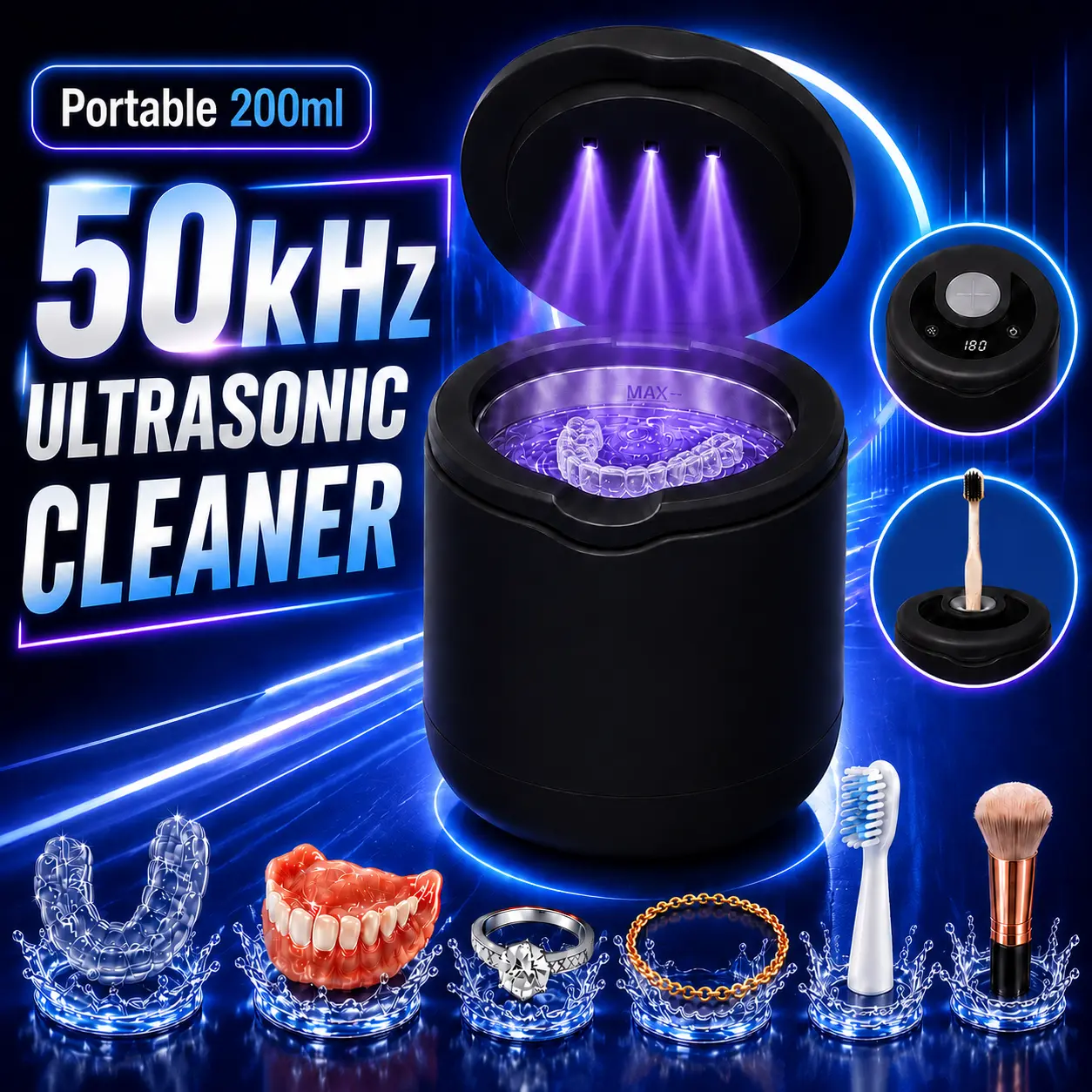 Portable Ultrasonic Cleaner, 200ML 50kHz Deep Cleaner with 5 Timer Modes, Brush-Through Lid and Built-In LED Lights, for Dentures, Retainers, Aligners, Toothbrushes and Jewelry