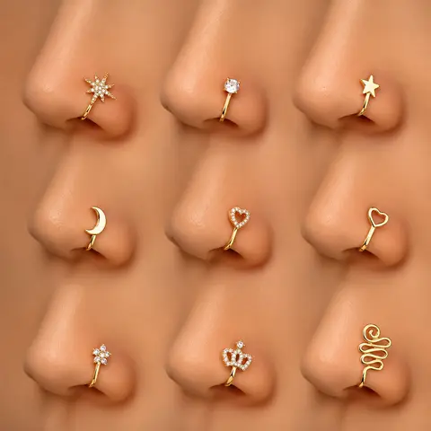 Women's 9pcs Copper Non-Piercing Fake Nose Clips - U-Shape, Star, Love, Crown Designs with Zirconia, Chic Romantic Accessories to Enhance Look, Nose Rings for Women, TikTok Spring Glow Up Pick, Gifts,sohochic