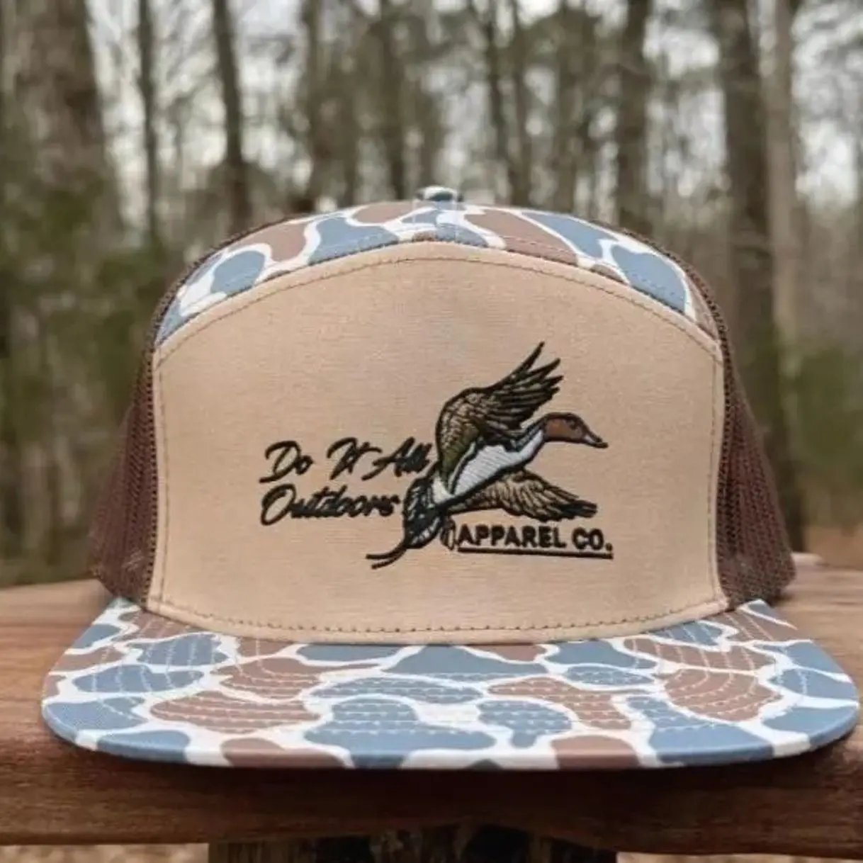 Turkey Feather Embroidered Old School Trucker Hats – 7 Panel Style in Bottomland Camo, Black, White, Brown, Embroidered Camouflage Snapback Outdoorsman Gift For Working Men Hat
