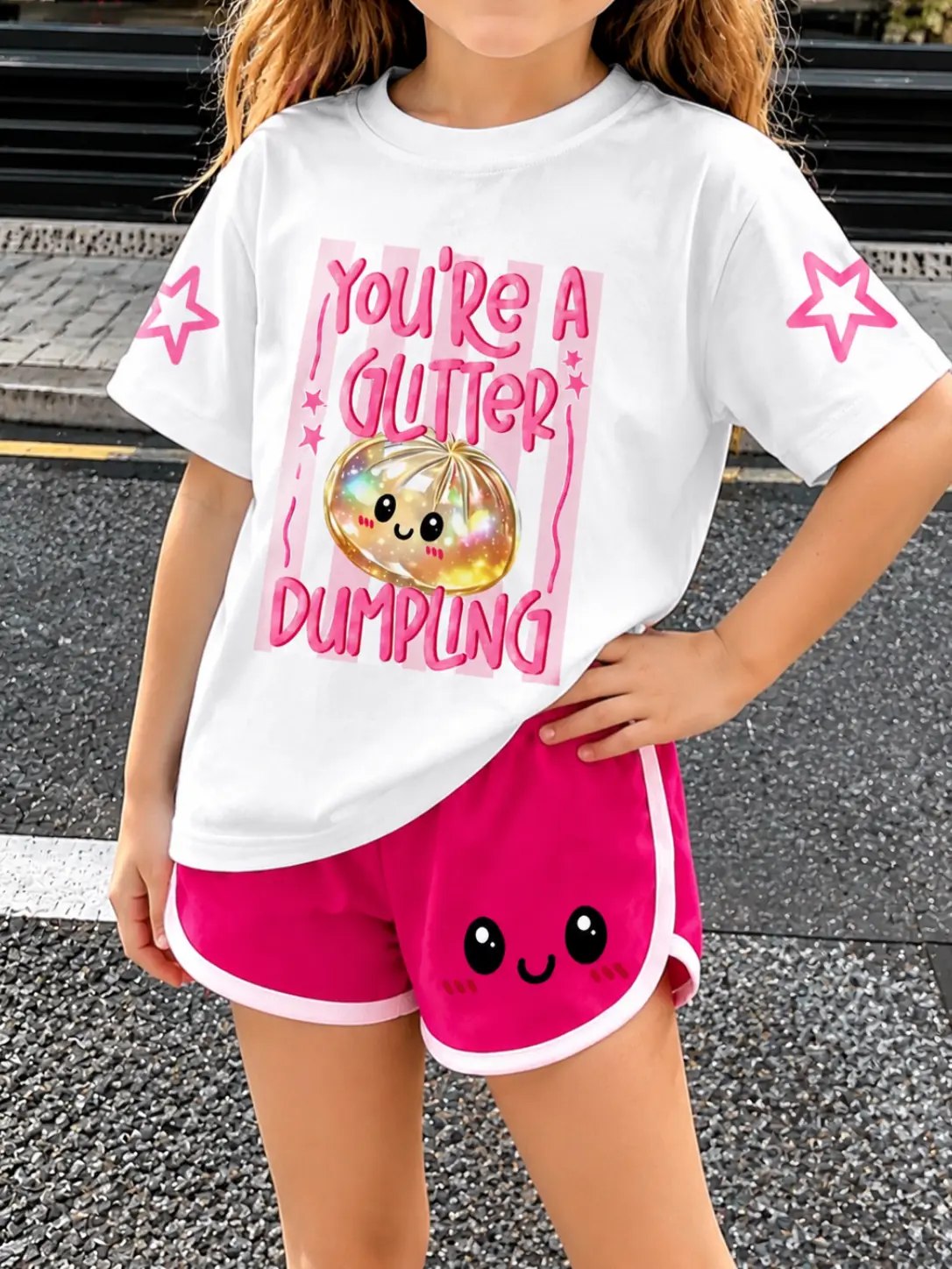 Girls’ 2-piece  Back-to-School Outfit, Cute Graphic T-Shirt and Shorts Matching Set, Summer Casual Clothing for Little Girls, Older Girls, and Tween Girls, Everyday School Wear