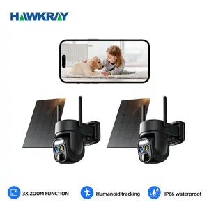 Hawkray Solar Wireless Outdoor Camera Dual-Lens,10X Zoom,2K Resolution 360° Pan Tilt Control,Two-Way Audio with Spotlight Siren PIR Motion Detection Card Remote  Safety Connection Black 2PC