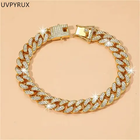 UVPYRUX Cuban Link Bracelet Iced Out Miami Gold Plated Hip Hop Prong Diamond Bracelet with Giftbox Cuban Link Anklets for Men Women