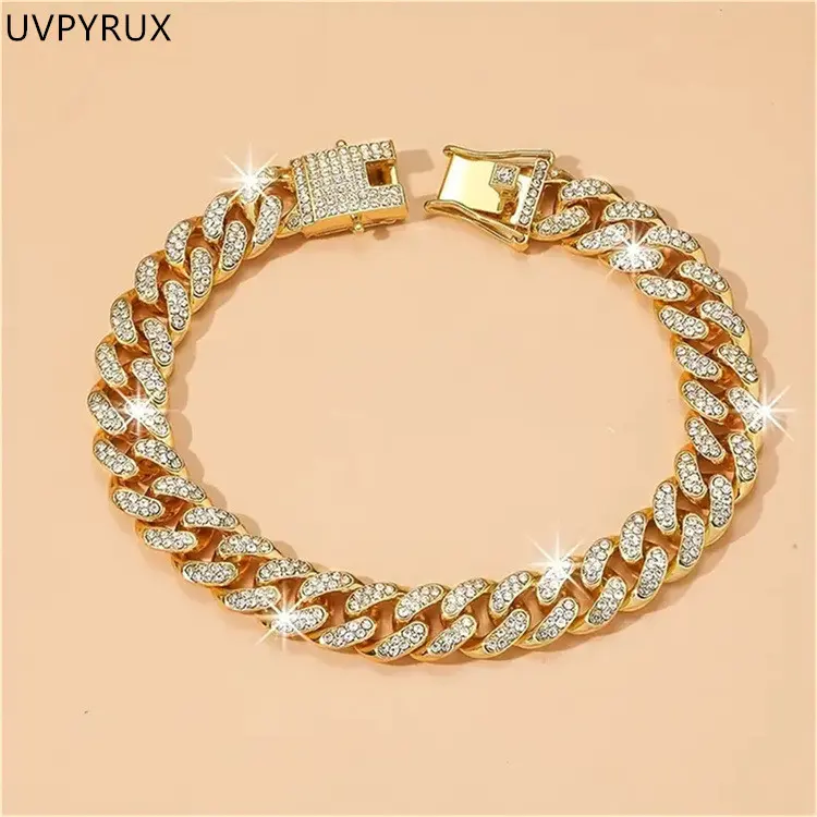 UVPYRUX Cuban Link Bracelet Iced Out Miami Gold Plated Hip Hop Prong Diamond Bracelet with Giftbox Cuban Link Anklets for Men Women