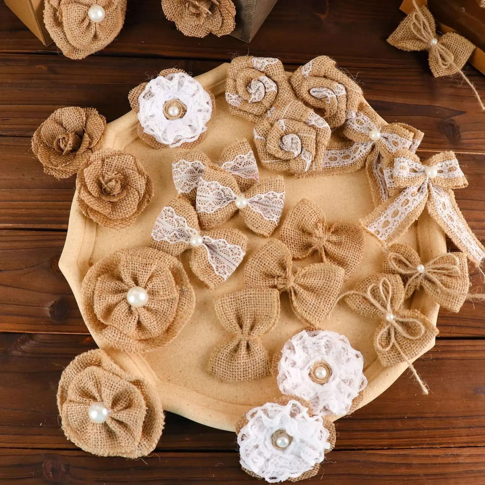 24 Pcs Natural Burlap Flower & Bow Set with Lace Ribbon Craft Supplies, DIY Jute Stick-On Bows, 30 Sticker Dots, 8 Assorted Styles for Decorative, Floral & Ribbon Fabric Trim & Embellishments, Decorative Ribbon Trim & Embellishments