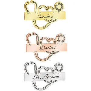 3 Pcs Custom Name Nameplate Brooch Personalized Stainless Steel Job Plate Pins with Laser Engraved Text Label Badge for Nurse Doctor