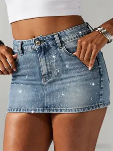 Summer Rhinestone High Waist Tight-Fitting Denim Skirt, Short Plain Pattern, Boho Stylish Women's Fashion, Perfect for Casual Wear