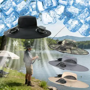 Wide-brimmed solar-powered outdoor fishing hat with built-in solar fan. This men's hat is lightweight, breathable, and adjustable, making it an essential companion for travel and outdoor activities