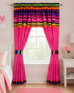 5PC Pink Kaleidoscope Window Curtain Set with Attached Valance, Tie Backs, 56x84 in, Multi-Color Household Textile Curtains