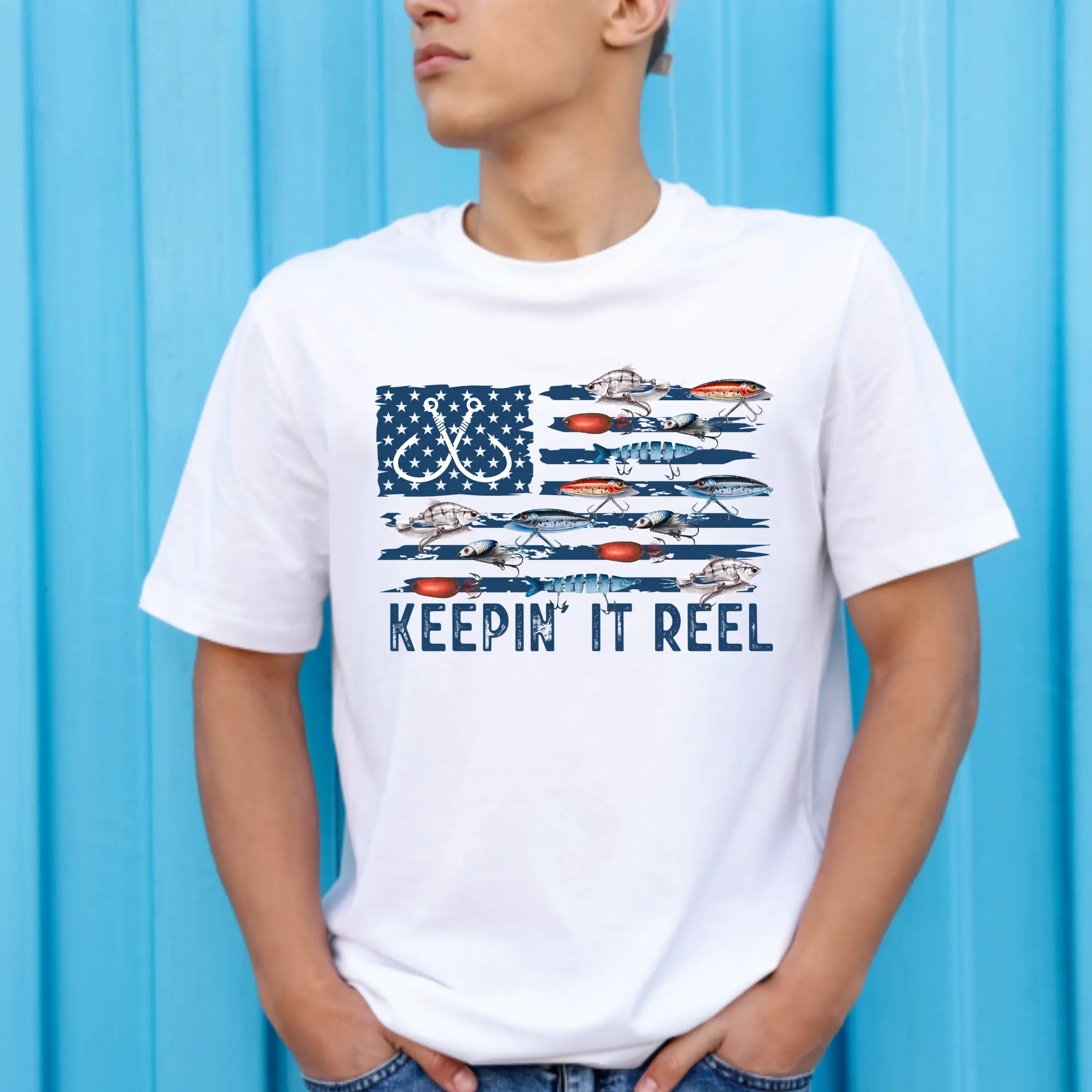 Unisex Custom Fishing T-Shirts - Keepin' it Reel Flag Theme DTF Print Technology Direct to Film Crisp Print with Lures, Ready-to-Press Craft DIY Supplies for Craft Projects
