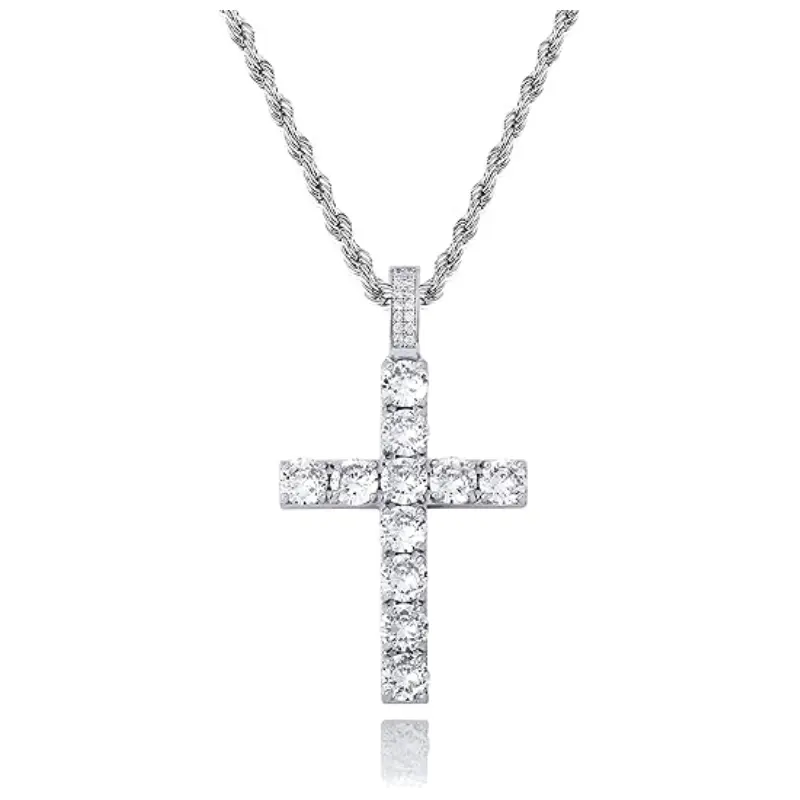 Iced Out Religious Cross Pendant, Silver-Plated Spiritual Jewelry on a 20-Inch Cord - Classic Men's Accessories Gift, Necklace And Chain, Cross Necklace, Halloween Parties, Personalized Jewelry, Casual Wear