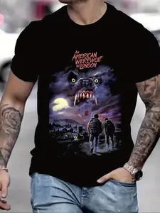 Men's Horror Movie Pattern T-Shirt, London Werewolf Design, Cotton Top, Halloween & Casual Wear, Round Neck Short Sleeve Tee