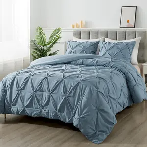Grayish Blue Pinch Pleated Comforter Queen(90x90Inch), 3(1 Pintuck Comforter and 2 Pillowcases) Pintuck Microfiber Boho Down Alternative Comforter for Women Men