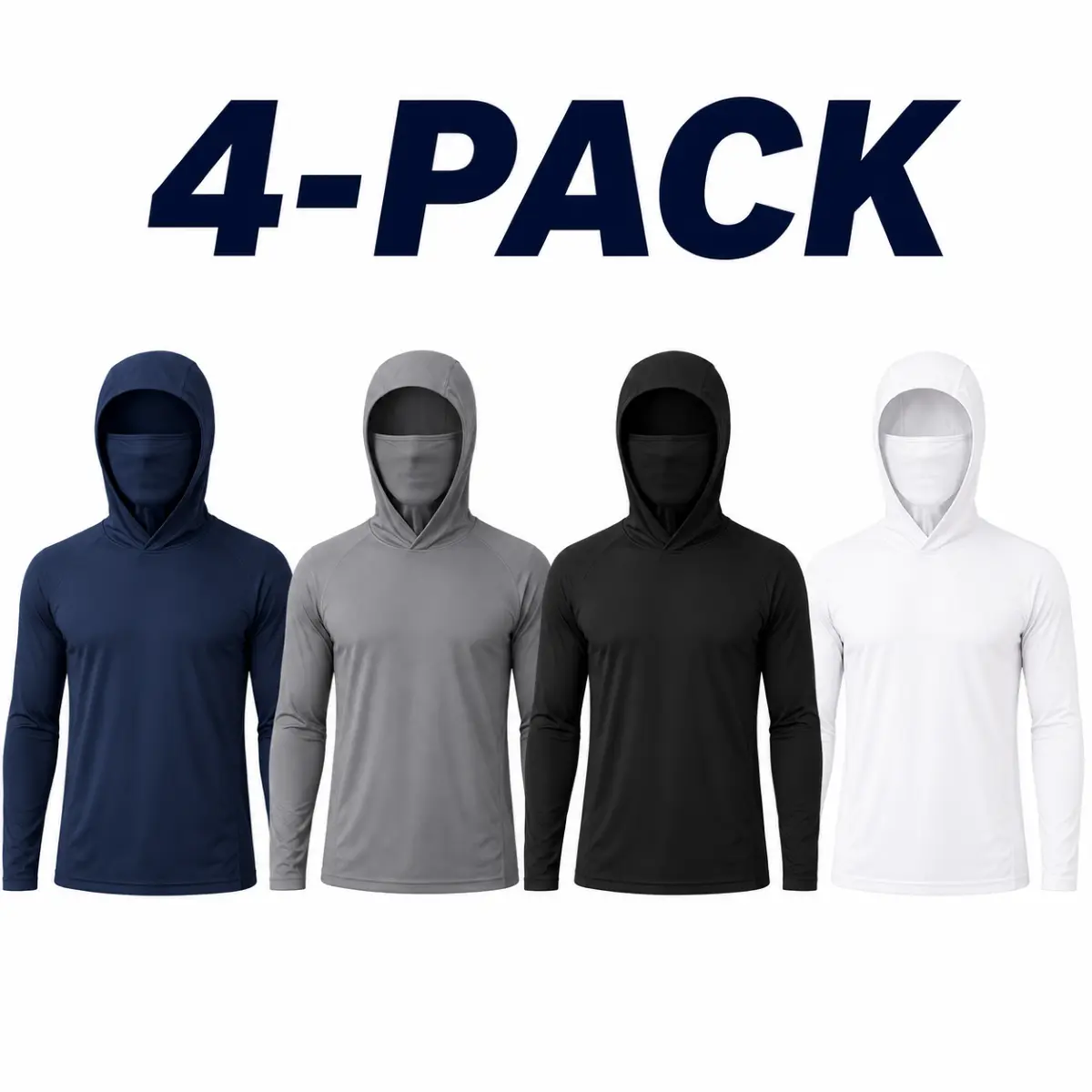Men’s 4-Pack UPF 50+ Sun Protection Hoodies with Built-In Face Cover, Lightweight Quick-Dry Long Sleeve Fishing Shirts, Breathable UV Protection Activewear for Hiking, Running, Workout, Cycling, Beach & Outdoor Work