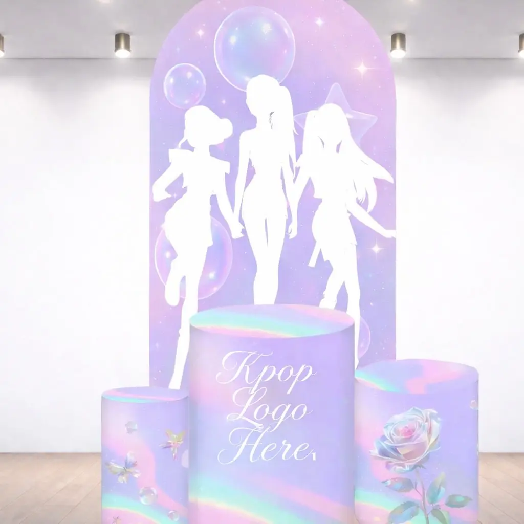 Cartoon Kpop Arch Backdrop Cover + 3 cylinders covers Birthday Backdrop