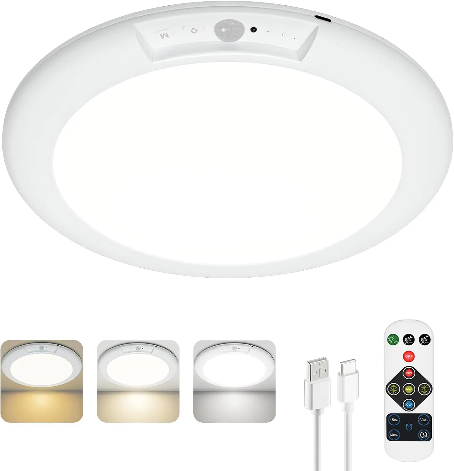 GVTCO Wireless Motion Sensor Ceiling Light with Remote, 5000mAh Rechargeable Battery, 3 Color Temperatures, Dimmable Timer, Magnetic Mount for Closet, Hallway and Stairway, 7.48 Inch, White