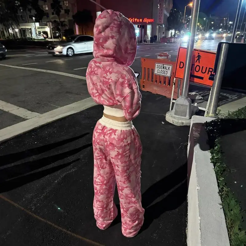 Women's 2-Piece Hip-Hop Tracksuit, Hooded Short Cardigan Sweatshirt & Loose Long Trouser Matching Outfits, Streetwear Sports Clothing Set, 2 Piece Sets, Matching Sets
