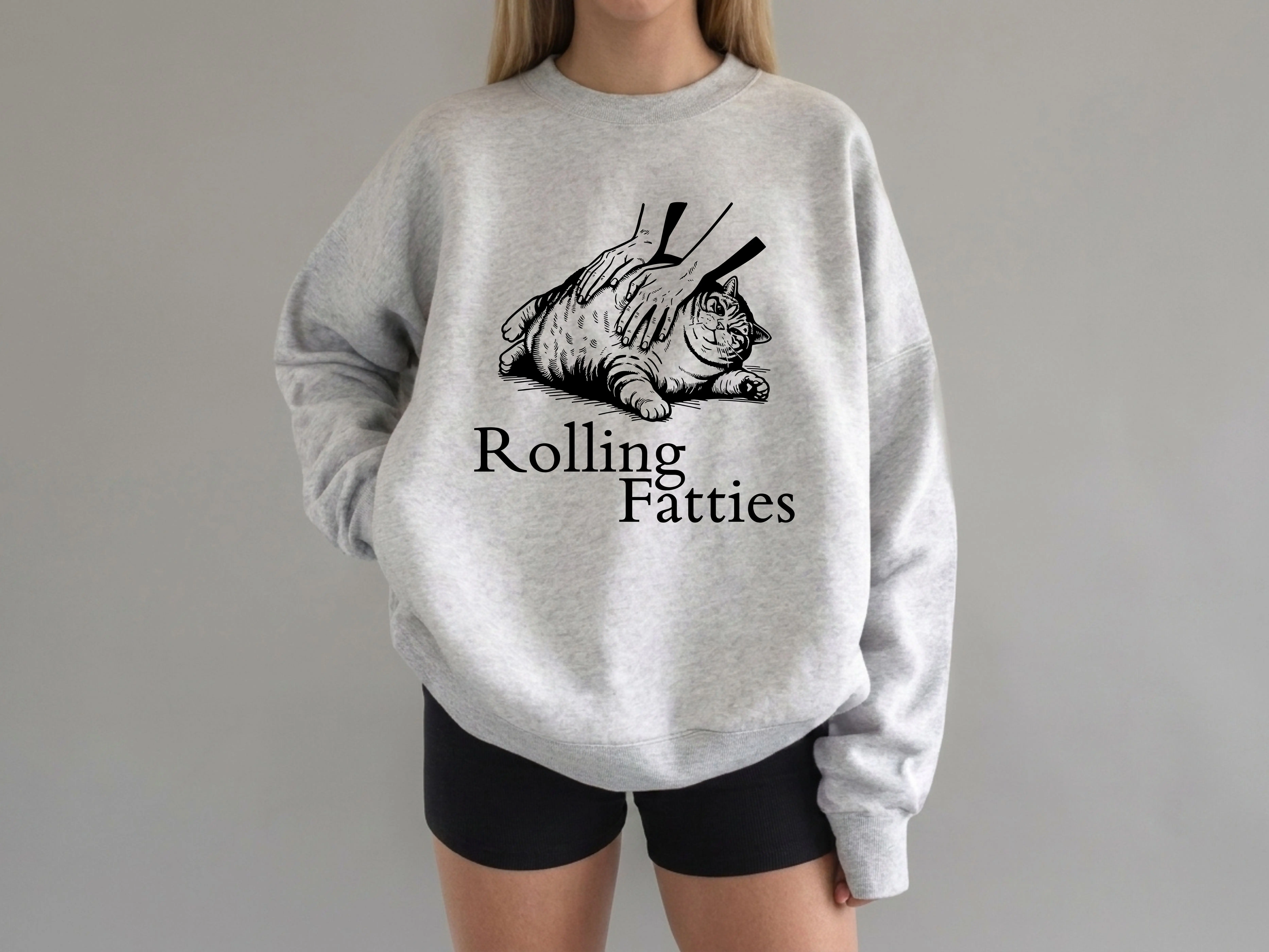 Rolling Fatties Funny Fat Cat Lover Sweatshirt – Cute Chubby Cat Graphic Crewneck for Women & Men, Loose Fit Cozy Pullover, Soft Cotton Blend Long Sleeve Cat Mom Cat Dad Top, Casual Animal Lover Gift