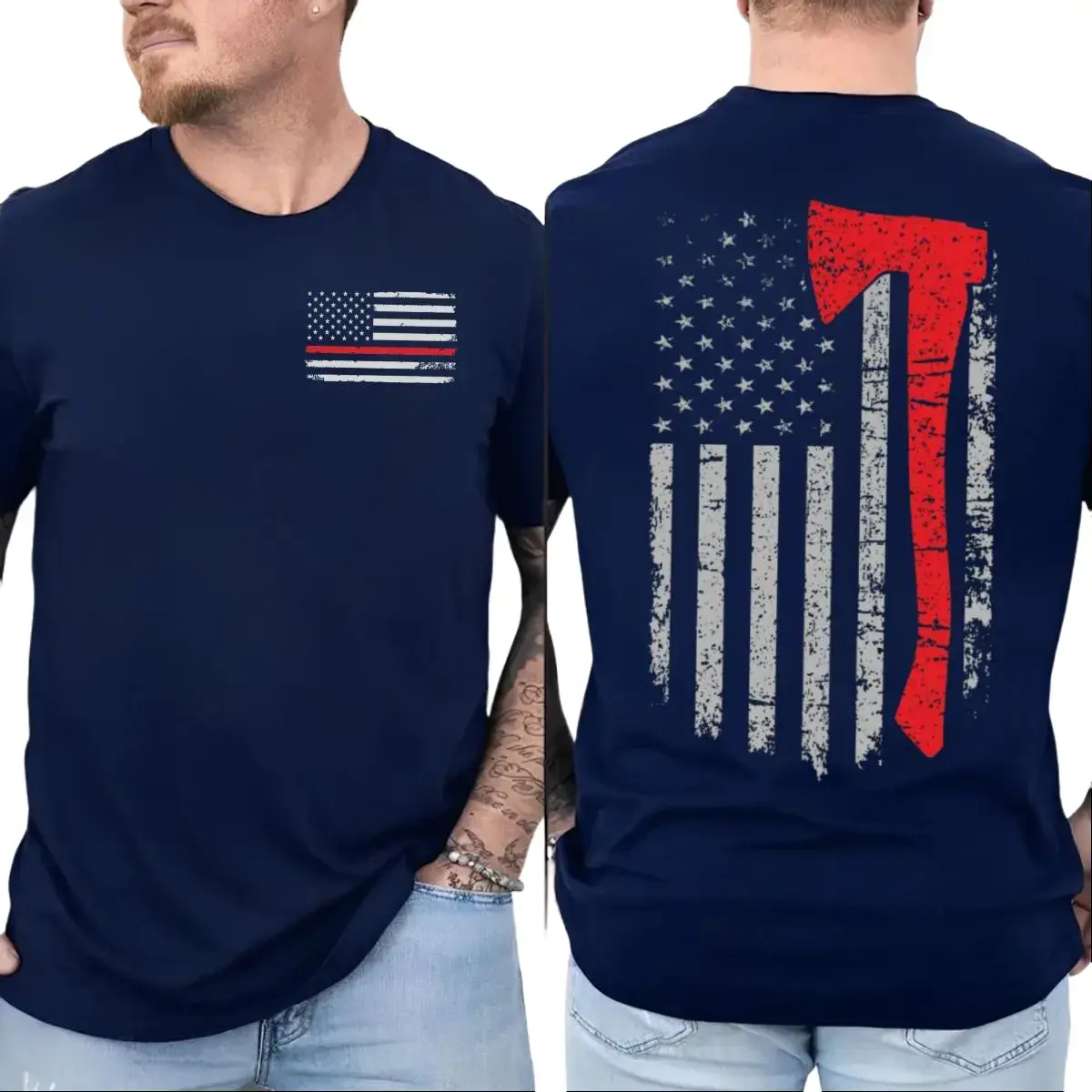 American Flag Firefighter Axe Shirt, Thin Red Line Us Flag Shirt 2 Sides, Fireman Dad Tee, Fathers Day Gift For Men Husband, Regular Fit Short Sleeve Tee, Casual Clothing