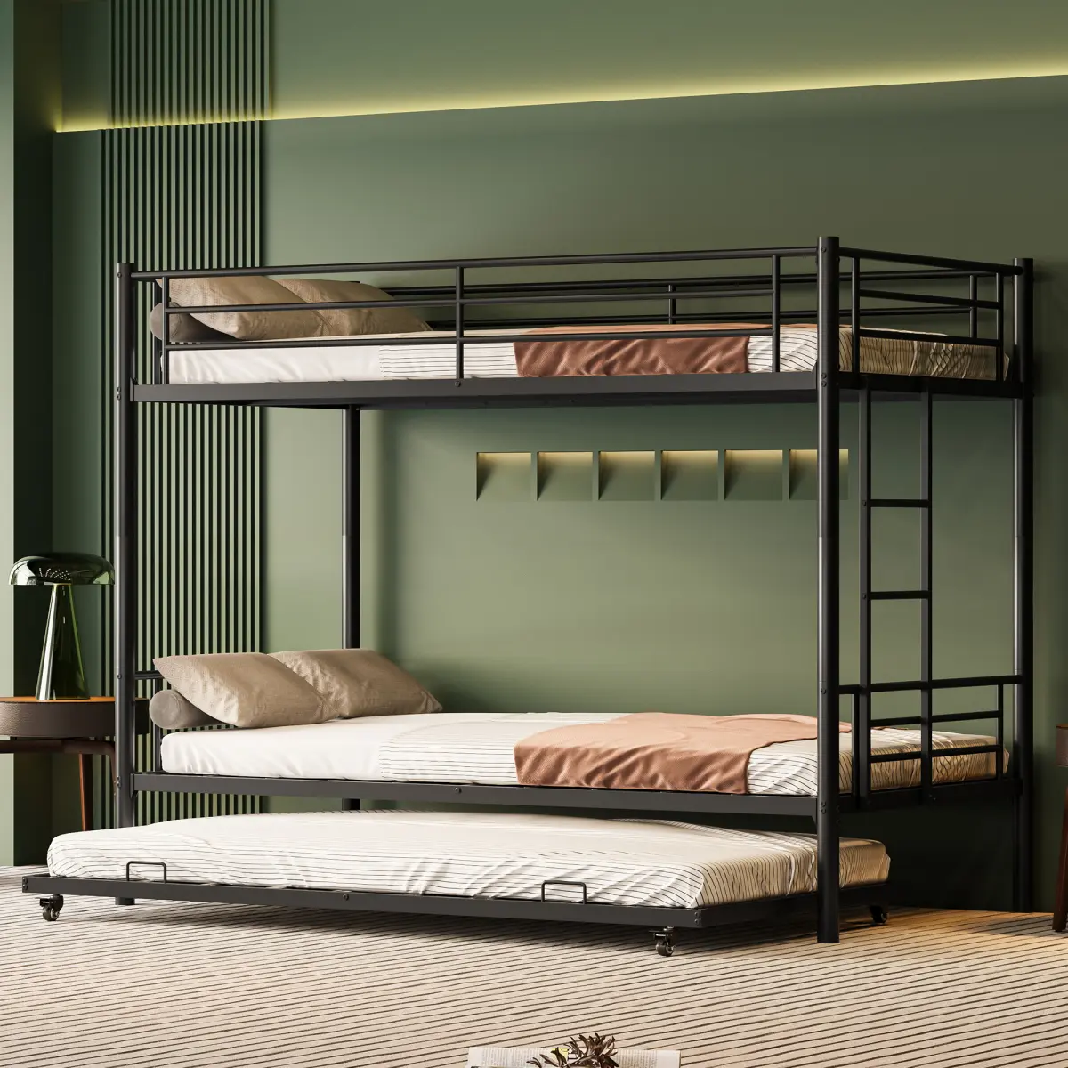 Metal Twin Over Twin Bunk Bed with Trundle - Convertible Frame, Safety Guardrails, Ladder, 350lbs Weight Capacity, 77.56x39.76x61.61 Inches, 78.48 lbs, Space-Saving, No Box Spring Needed, Assembly Required (Black)