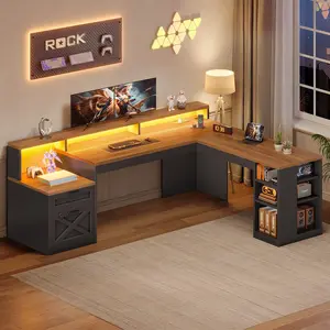 SEDETA L Shaped Desk with 2 Drawers, 65"x 59" Large Home Office Desk with Lockable File Drawer & Power Strip, Corner Desk with Storage & LED Strip