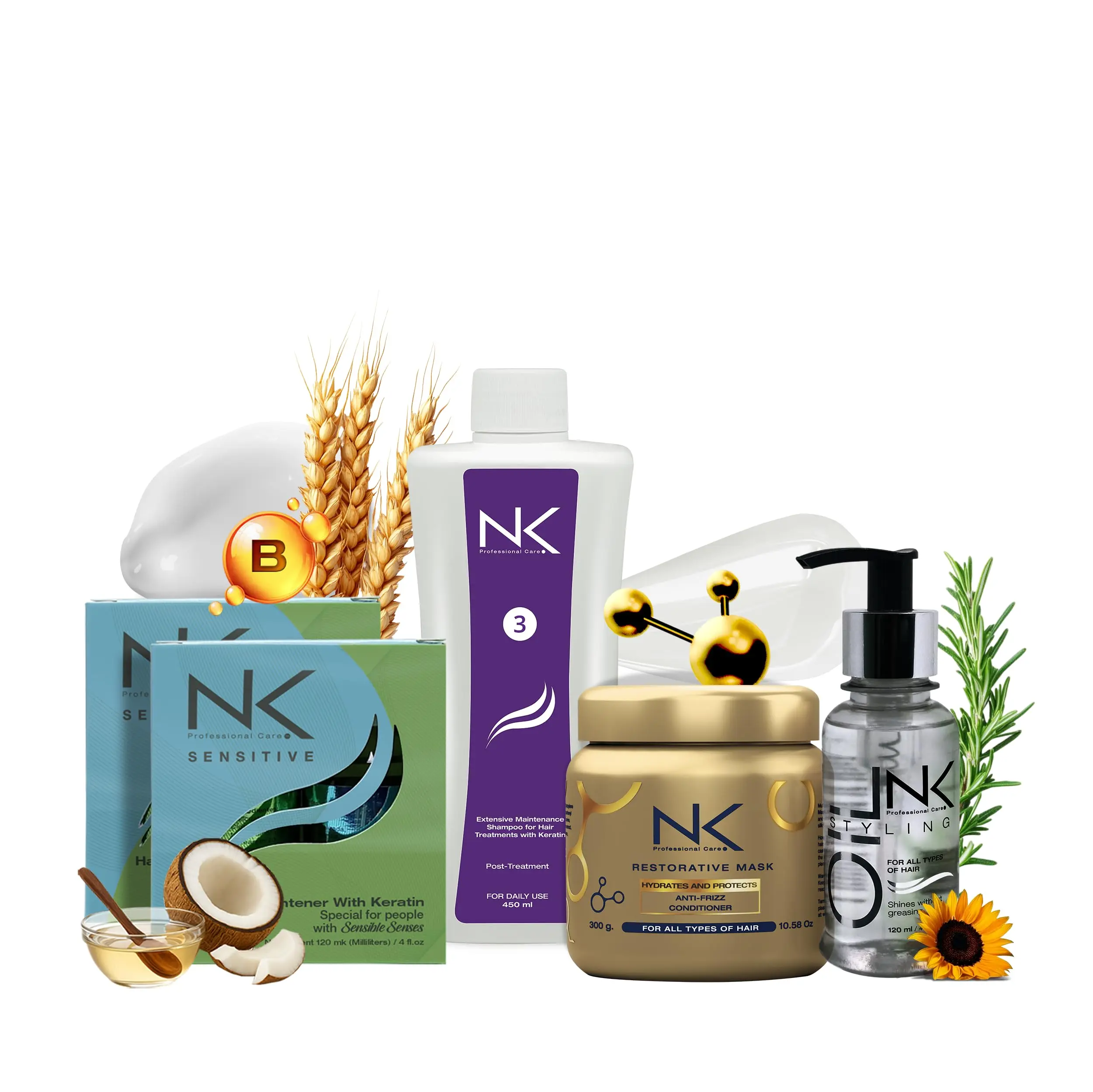 5-Step Sensitive Keratin Hair Straightening Treatment Kit – Vegan, Formaldehyde-Free System with Home Care Shampoo, Hair Mask & Styling Oil for Smooth, Nourished Hair (8oz)