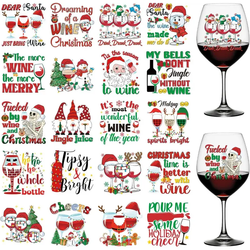 UV DTF Cup Wrap - 20 Sheets Christmas UV DTF Cup Wraps for 16 oz Xmas Wine Santa Gnome Uvdtf Decals Waterproof UV DTF Rub on Transfer Stickers for Glass and Water Bottles DIY Crafts