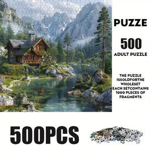 500 Piece River Cabin Theme Puzzle, Large Adult Family Interactive Toy, DIY Home Decor Brain Challenge, Holiday Scene, Perfect Gift