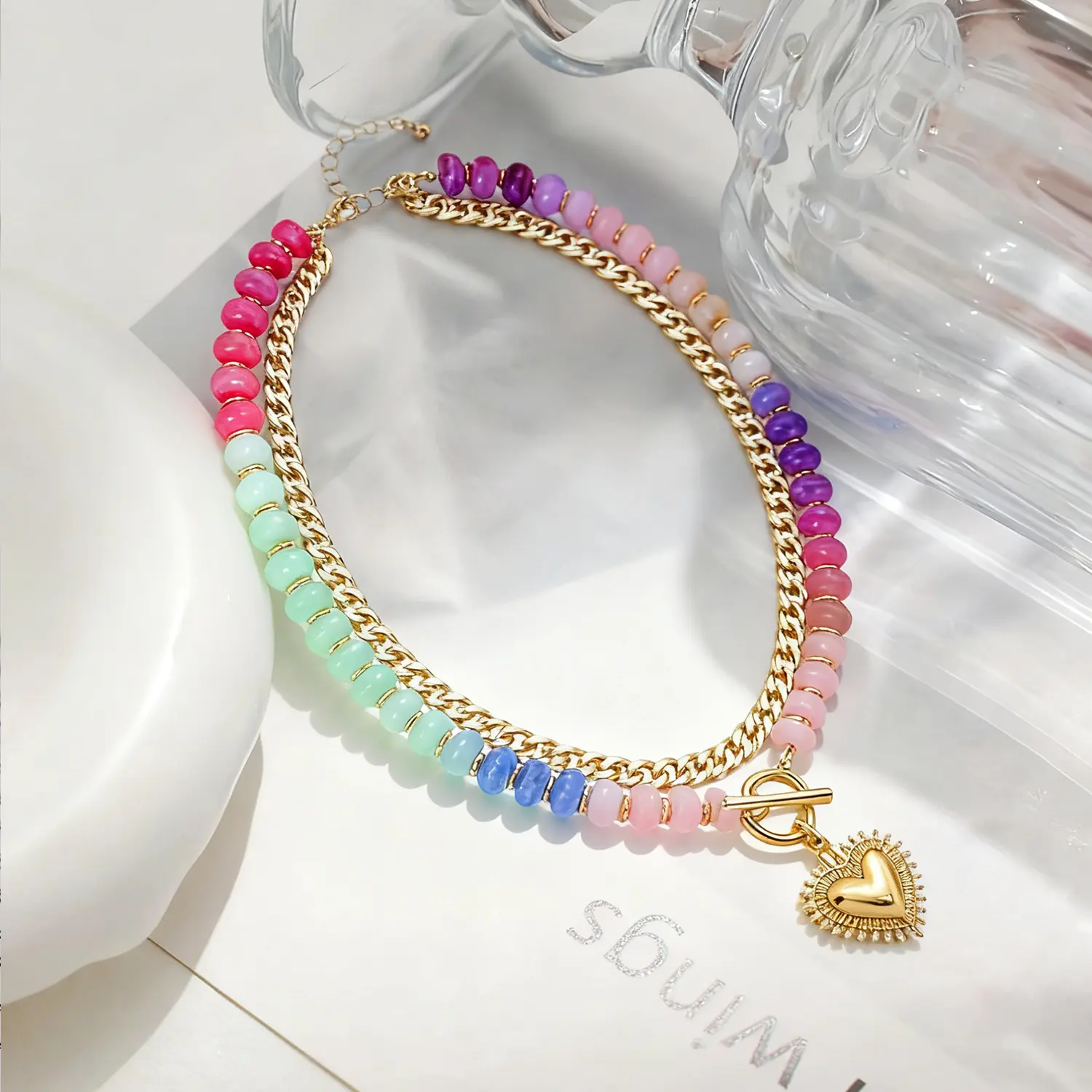 Women's Vibrant Adjustable Beaded Design Ethnic-Style Collarbone Chain with Stackable Heart Pendant, Unisex Summer Jewelry, Beaded Necklaces for Gifts for Women, Accessories, Casual, Fashion Accessories, Beads Mix Necklaces
