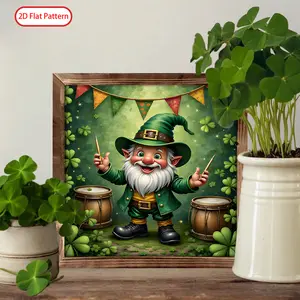 (2D Flat) St. Patrick's Day Wooden Sign 8x8 Inch, Cartoon Style Leprechaun Drums Clover Bunting , Irish Luck Shamrock Wall Art, Rustic Farmhouse Home Decor Living Room Bedroom Entry Porch, Desktop & Party Decorations
