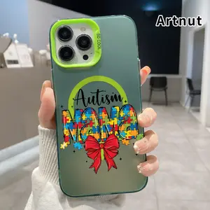 Magnetic Case for iPhone 16 15 14 Pro Max 13 12 11 XR XS Plus Autism Mama Bow Pattern IMD Polycarbon Shockproof Rugged Mobile Phone Cover Gift for Girl