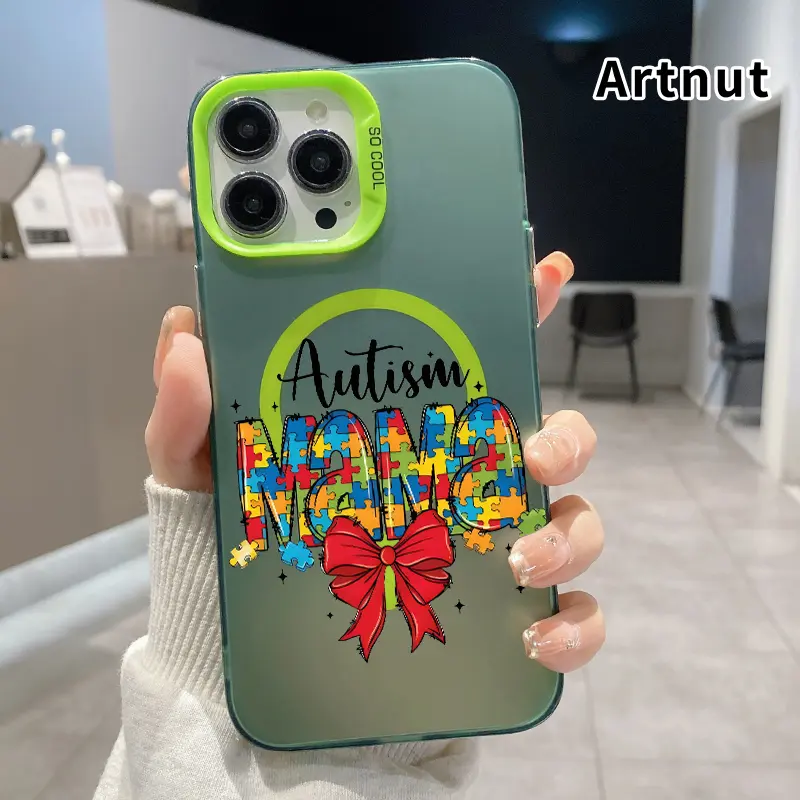 Magnetic IMD Polycarbonate Shockproof Rugged Phone Case for iPhone 11-16 Series (11,12,13,14 Pro Max,15,16,XR,XS Plus) - Autism Mama Bow Pattern, Smartphone/Cellphone/Handheld Device Protection, Girl Gift, Devices