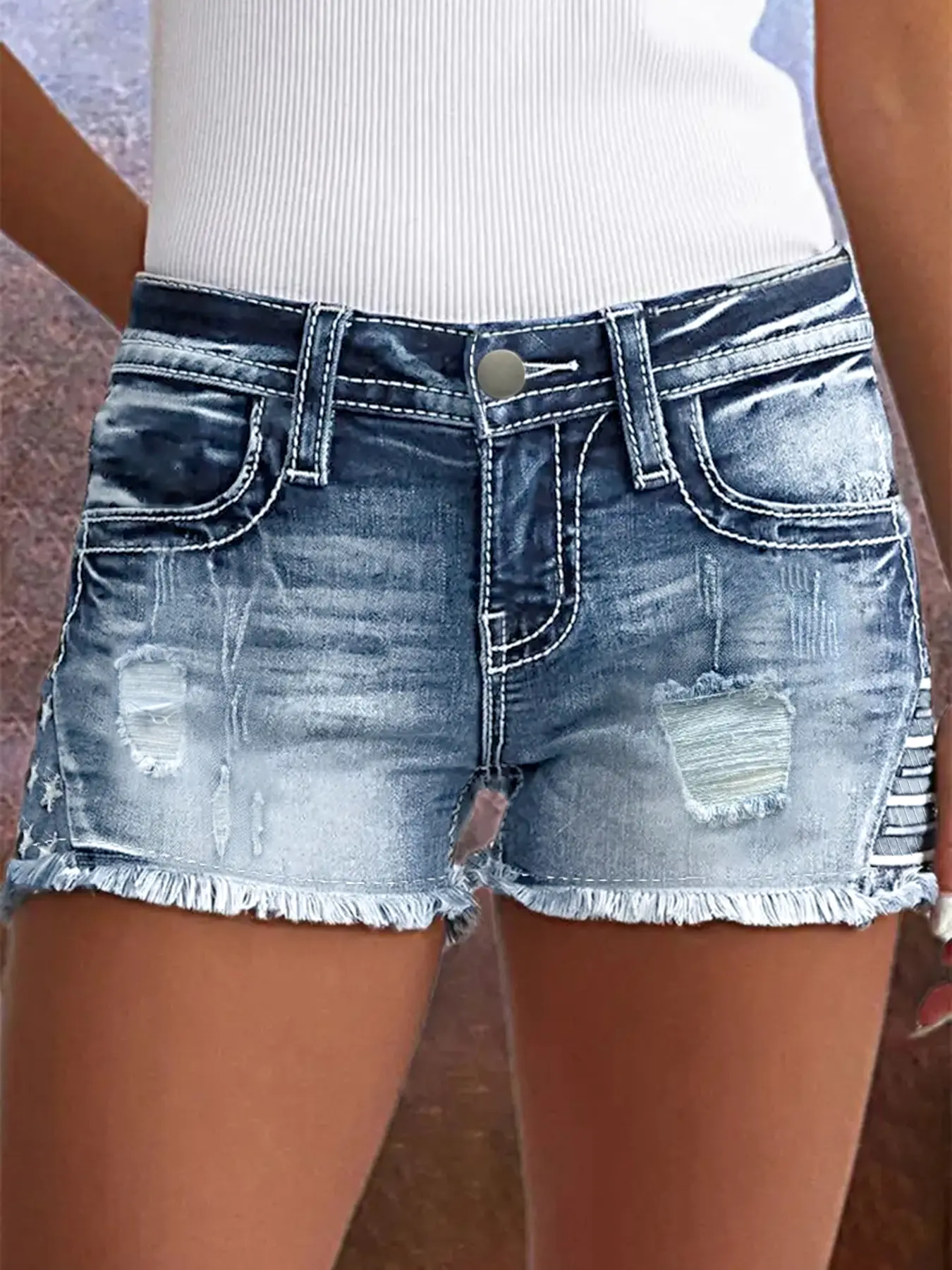 Women's Low Rise Denim Shorts - Distressed Ripped Frayed Hem Jean Shorts, Casual Summer Stretch Short Pants Fit Aesthetic