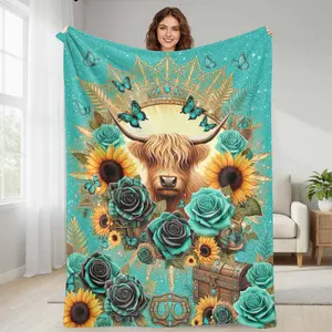 Highland Cow Flannel Blanket Teal Rose Sunflower Butterfly Print Soft Cozy Warm Decorative Throw for Bedroom Living Room Sofa Office Gift summerwins
