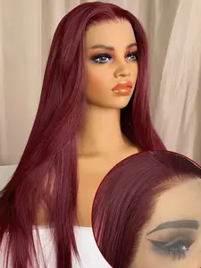 Burgundy Long Silky Straight Hd Lace Front Wig, Handmade Natural Hairline, High Temperature Fiber Syntheic Hair Wigs, 13x4 Free Parting Design for Cosplay and Daily Wear, Glueless Hd Wigs, Natural Looking Wigs, Lace Frontal Wigs