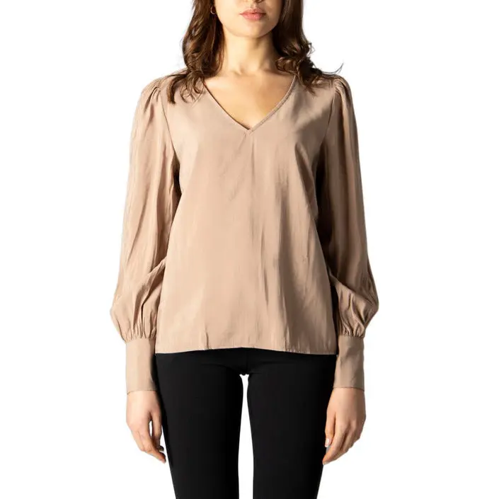 V Neck Women Blouse Beige Long Sleeve 85% Viscose