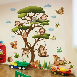 Cartoon Monkey & Tree Pattern Wall Sticker, 4pcs/set Cute Animal Pattern Graphic Decal Wall Decal For Kids Room Bedroom Home Decoration Decorative Stickers Funny Stickers