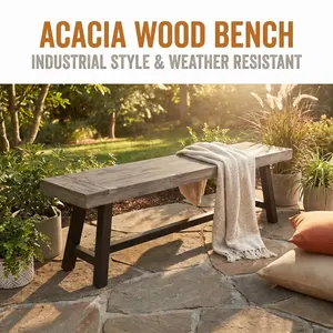 Sandblast Finish Acacia Wood Dining Bench, Rustic Metal Frame Solid Wood Bench for Dining Room Entryway Kitchen Home Decor Furniture