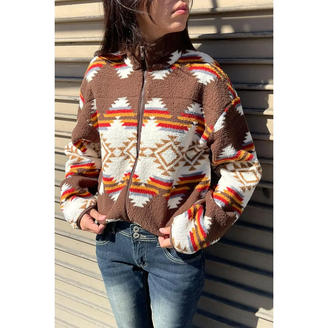 Aztec Printed Sherpa Full Zip Jacket