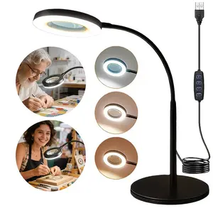 LED Clamp Table Lamp with 5x Magnifying Glass, Flexible Rotating Stand, Metal Base, USB Powered, Ideal for Reading, Home Office, Crafts, Led Desk Lamp