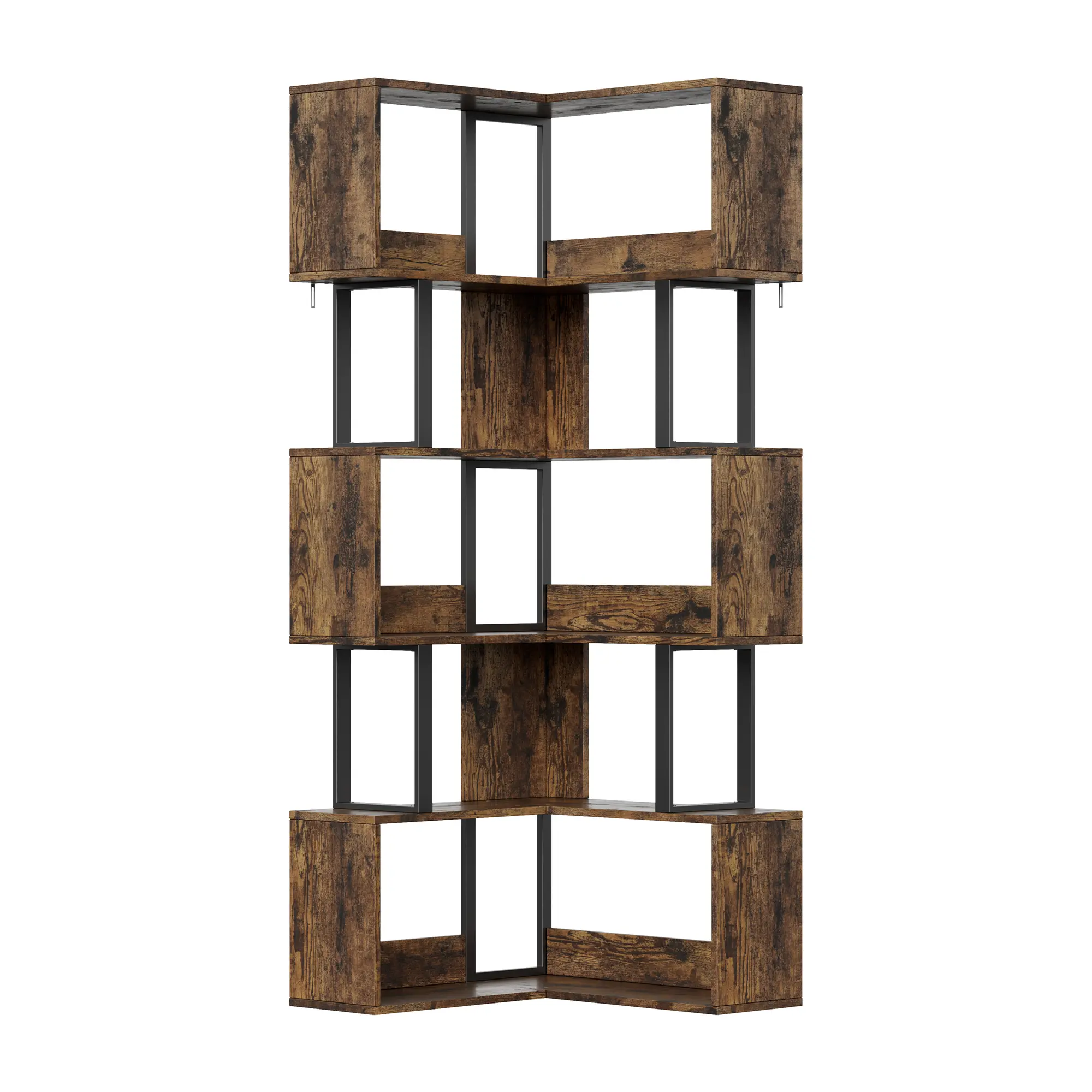 Large L-Shaped 6-Tier Corner Shelf, Industrial Corner Bookshelf & TV Stand, Freestanding Storage Organizer, Metal Frame Wood Shelves, Space Saving Display Rack for Living Room Bedroom Office, Rustic Brown